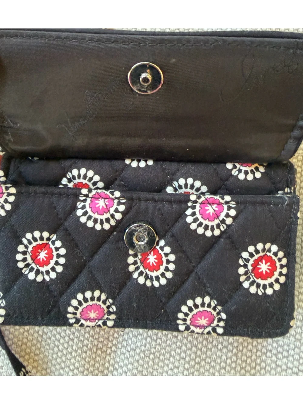 Vera Bradley Black Quilted Crossbody Wallet with Pink & Red Floral Circles